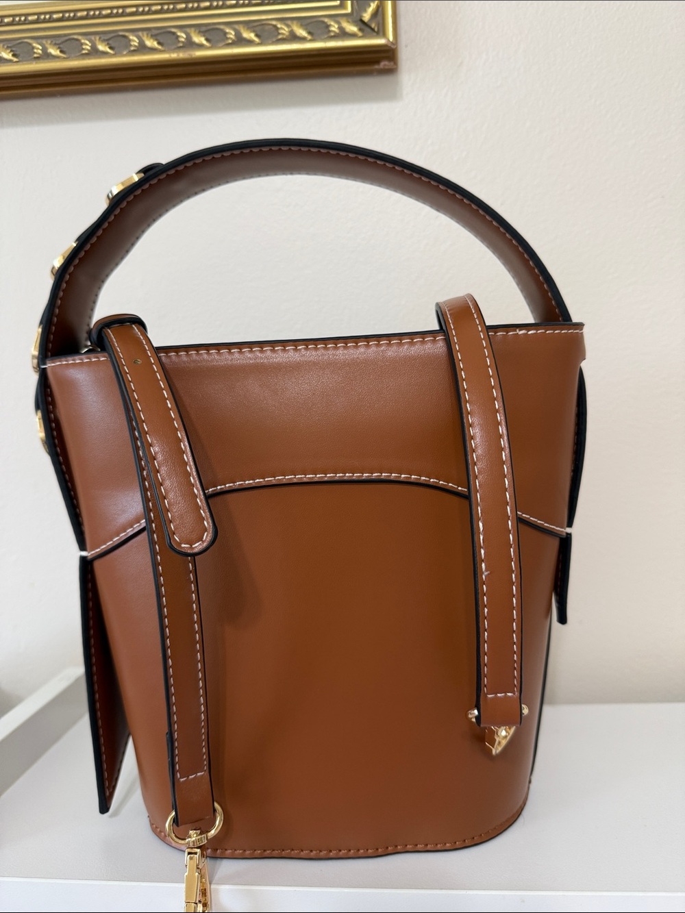 Structured Brown Leather Bucket Bag with Buckle Detail - Picture 3 of 11